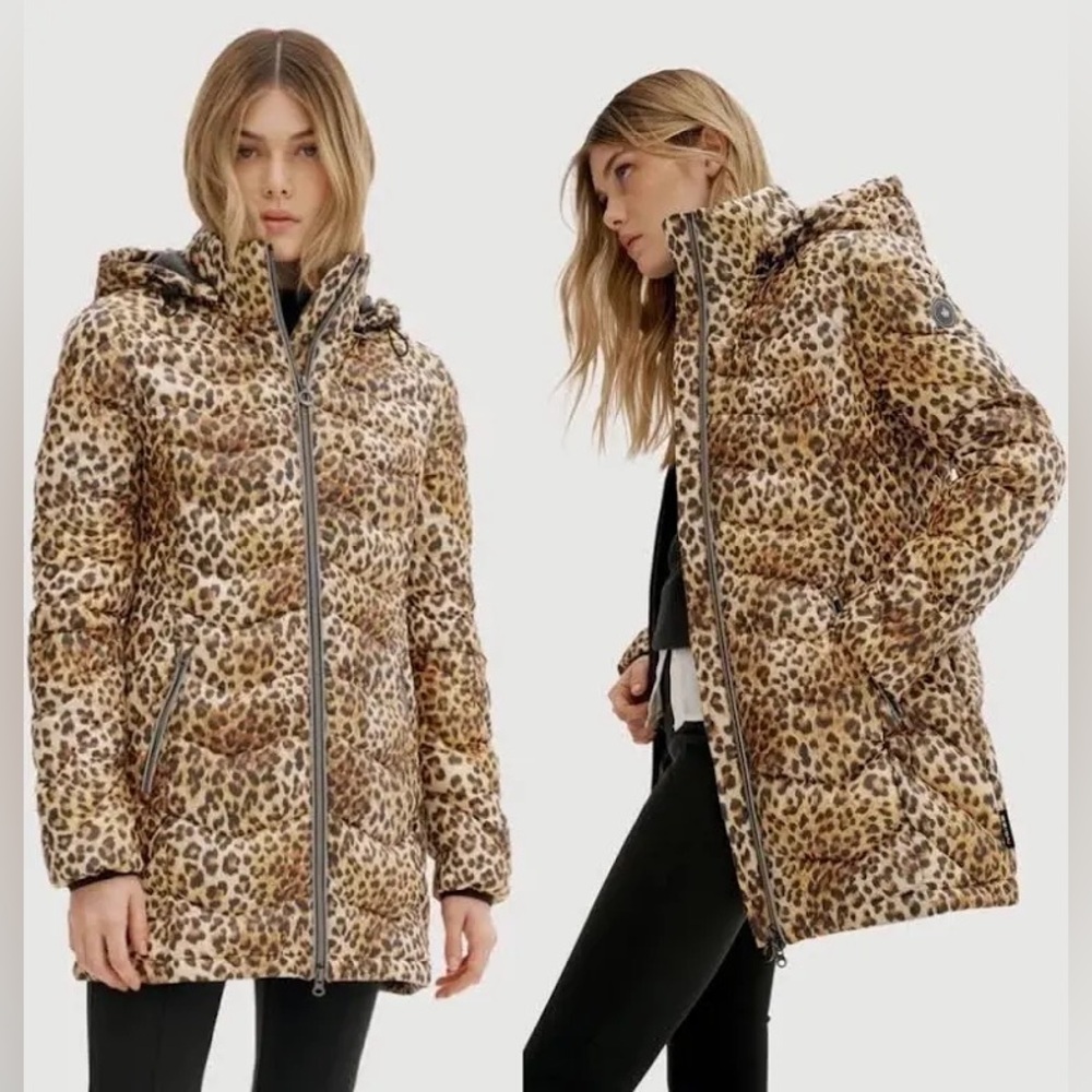 Noize | Women’s Cheetah‎ Print Claire Vegan Mid Length Hooded Puffer Jacket Sz M
